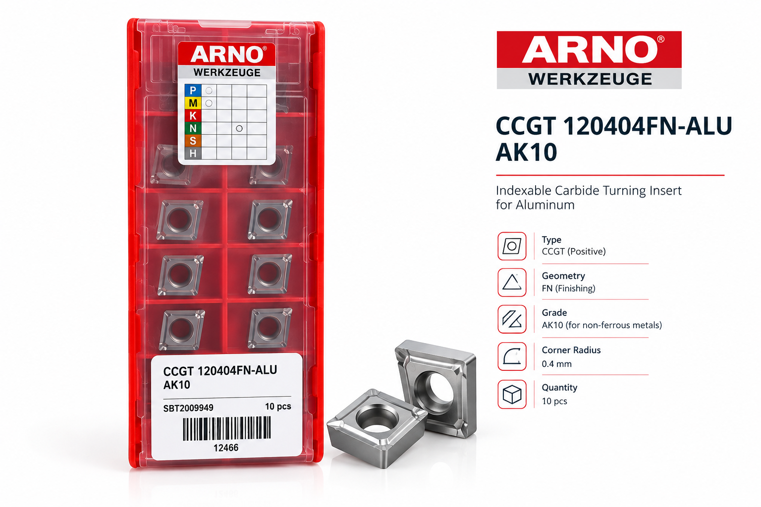 اینسرت تراشکاری آرنو ARNO مدل CCGT120404FN-ALU AK10 مخصوص آلومینیوم